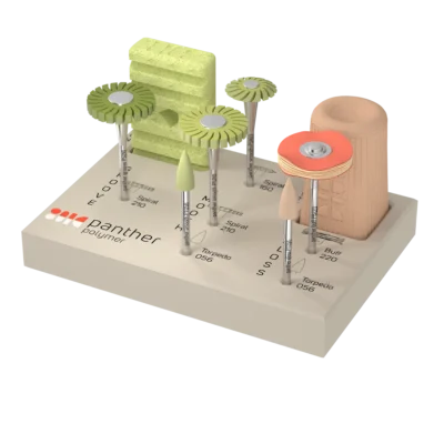 SET "PANTHER POLYMER" DE 6 PULIDORES + PASTA Y AFILADOR DIAMANTE PARA RESINAS CAD-CAM